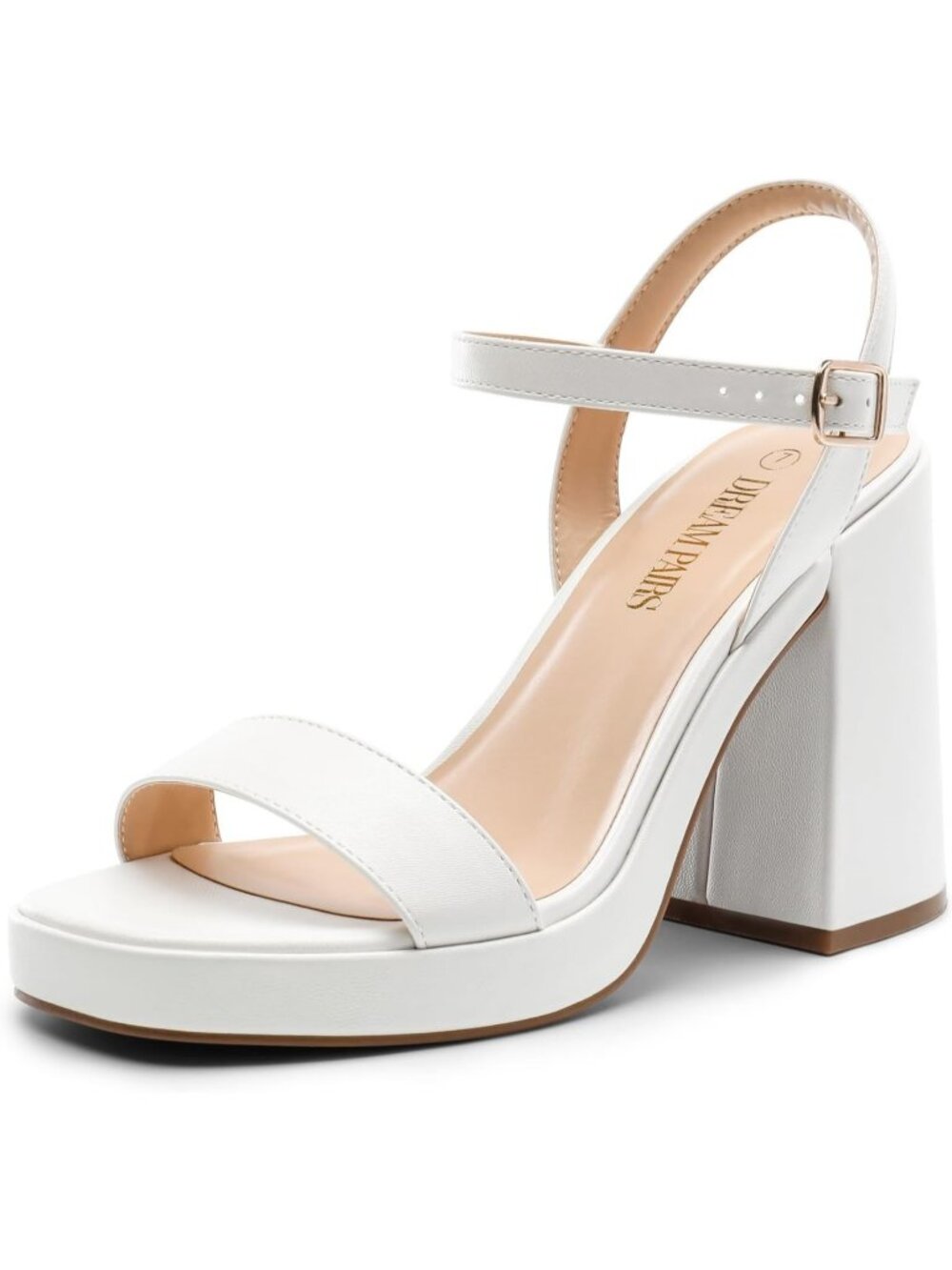 Women's White Faux Leather Chunky Block Heel Comfortable Sandal Party Prom Heels